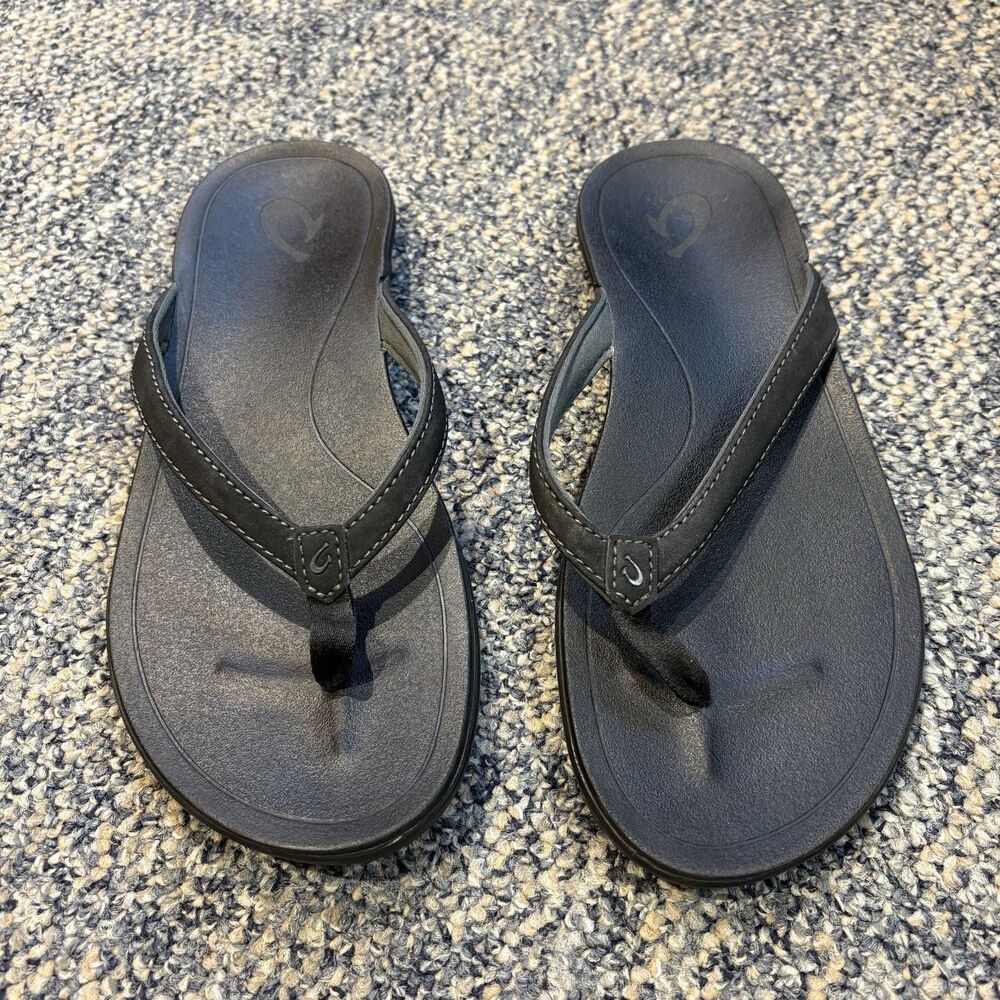 OluKai Ho'opio Women 7 Flip Flop Sandals Thongs Black